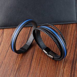 Men's student stainless steel leather woven bracelet, simple and fashionable